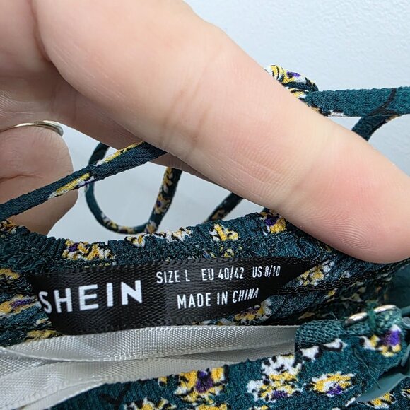 Womens L Green Yellow Floral Print Midi Dress w/Sweetheart Neckline &‎ Tie Back - Picture 9 of 13